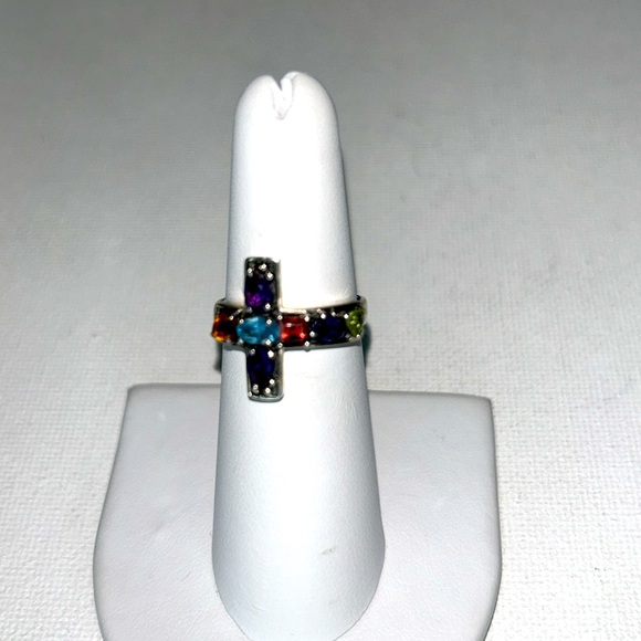 NWOT Designer Samuel B. Sterling Silver Multi Gemstone Side Way Cross Ring Boho - Picture 2 of 12